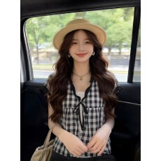 批发假两件格纹衬衫上衣女