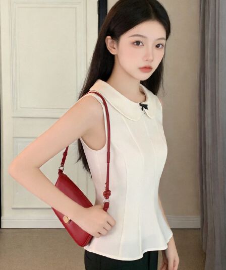 화이트 베이비 칼라 허리 수축 맨위 여성