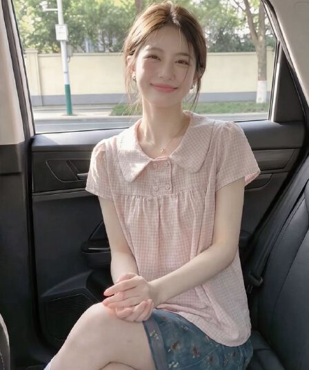 베이비 칼라 격자 무늬 셔츠 맨위 여성