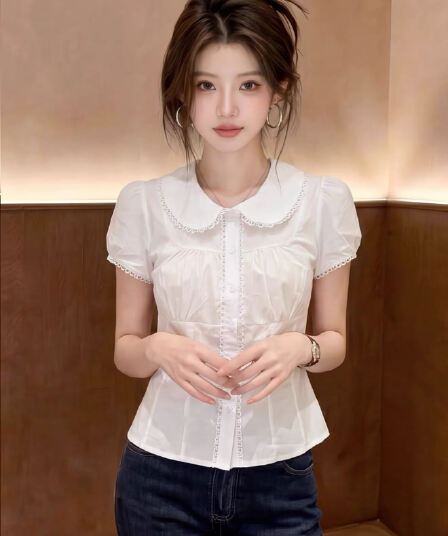 화이트 베이비 칼라 셔츠 허리 수축 맨위 여성