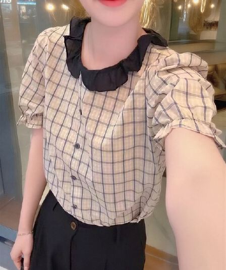 베이비 칼라 반팔 격자 무늬 셔츠 맨위 여성