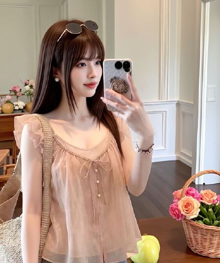 페이크 레이어드 프릴 작은 날다 소매 셔츠 맨위 여성