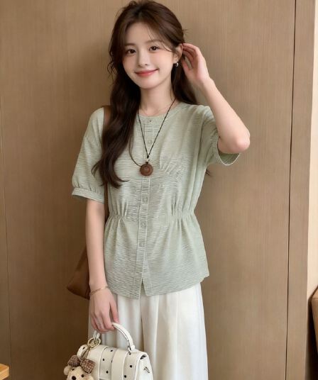 불규칙 녹색 체크무늬 여성 셔츠
