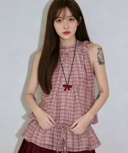 빨간색 체크무늬 행침 목 셔츠 맨위 여성