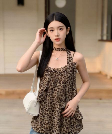 레오파드 무늬 프릴 슬립 맨위 여성