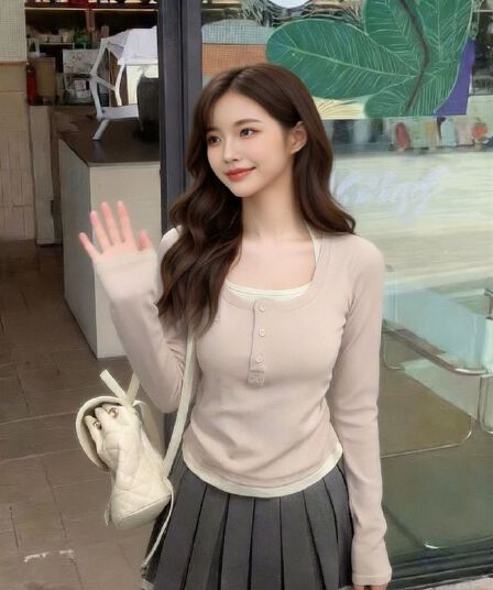 페이크 레이어드 자수 주름 맨위 여성