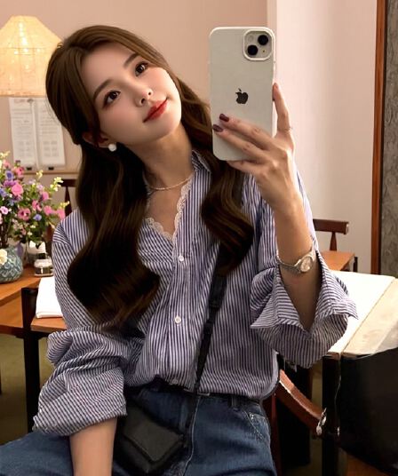 가을 레이스 조각 스트라이프 여성 셔츠