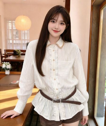가을 허리 수축 스트라이프 셔츠 셔츠 맨위 여성