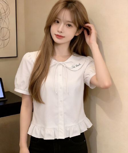 자수 베이비 칼라 레이스업 셔츠