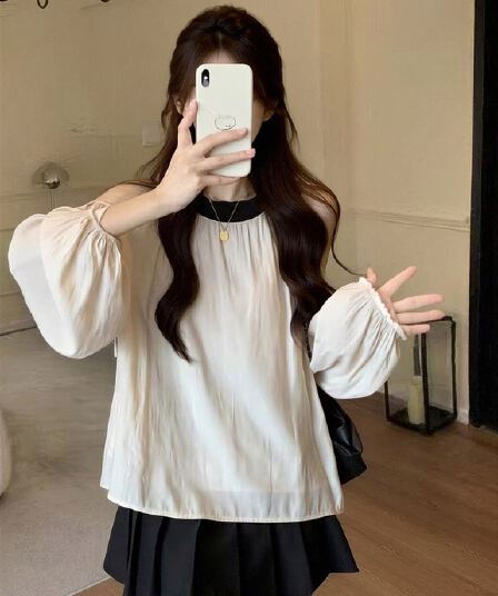 가을 오프숄더 행침 목 라운드 넥 긴팔 셔츠 맨위