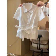 批发收腰系带白色衬衣上衣女