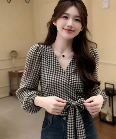 스트랩 허리 수축 긴팔 체크무늬 맨위 여성