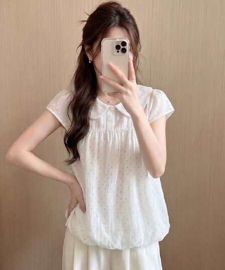 Feifei 소매 베이비 칼라 도트 무늬 꽃밭 셔츠 여성 셔츠