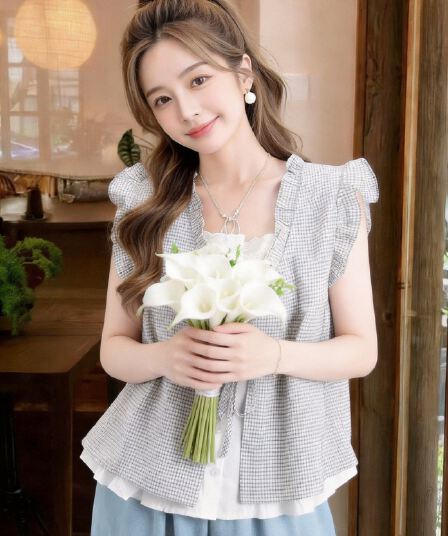 페이크 레이어드 체크무늬 프릴 패치워크 맨위