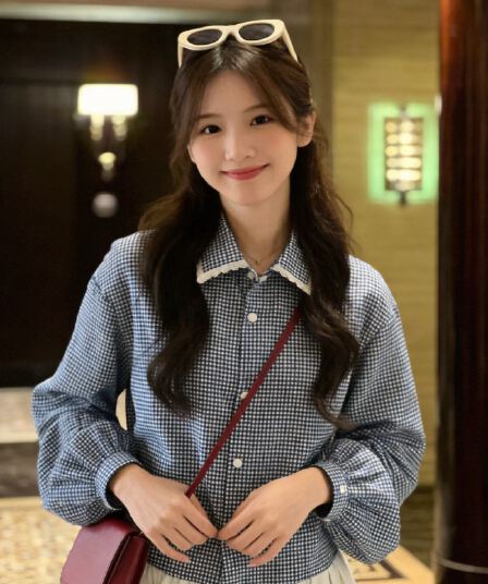 가을 패치워크 레이스 레이스 체크무늬 여성 셔츠