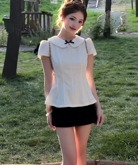 면 린넨 베이비 칼라 나비 매듭 허리 수축 반팔 맨위 여성