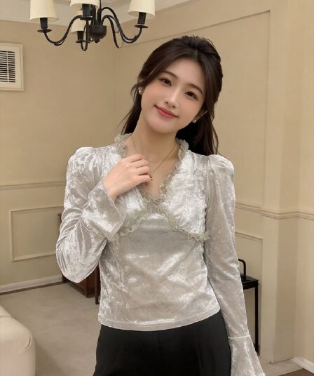 가을 레이스 레이스 거품 소매 벨벳 셔츠