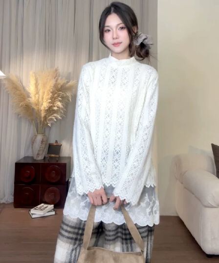가을 부드러운 찹쌀 레이스 레이스 셔츠 여성