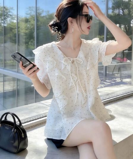 프릴 도트 무늬 쉬폰 작은 셔츠