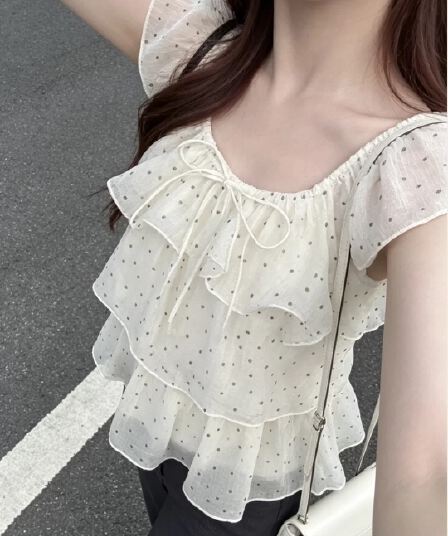 도트 무늬 레이스업 Feifei 소매 쉬폰 블라우스