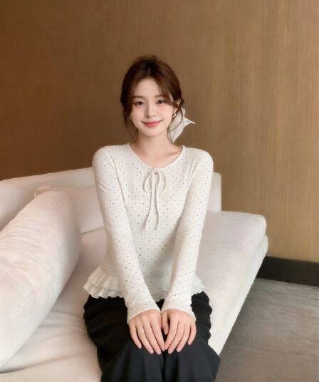 가을 도트 무늬 레이스업 프릴 맨위