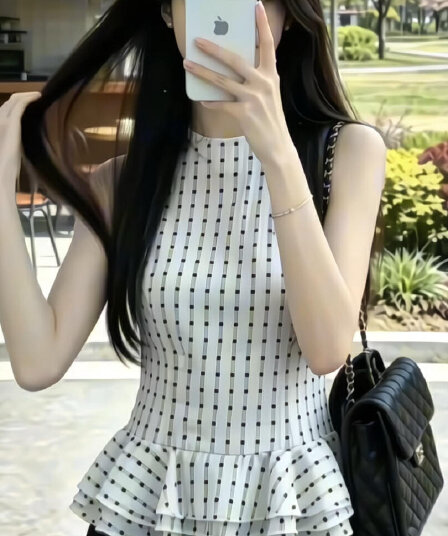 프릴 체크무늬 조끼 맨위