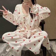 批发实拍~秋季新款红色波点碎花吊带长<b class='q'>裤</b>睡袍韩版ins睡衣三件套带腰带
