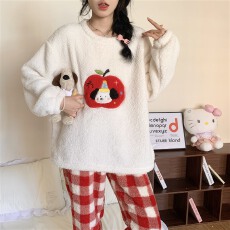 批发实拍~冬季新款米粒绒卡通绣花圆领睡衣女简约韩版ins保暖家居服