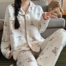 批发实拍~冬季新款空气夹棉小熊碎花开衫睡衣女简约韩版ins家居服<b class='q'>套装</b>