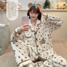 批发实拍~冬季新款法兰绒小熊碎花开衫睡衣女简约韩版ins家居服套装