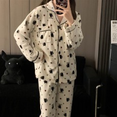 批发实拍~冬季新款法兰绒猫咪<b class='q'>碎花</b>开衫睡衣女简约韩版ins家居服套装