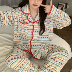 批发实拍~冬季条纹草莓碎花加厚法兰绒开衫睡衣女简约<b class='q'>韩版</b>ins家居服