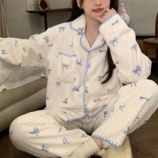批发实拍~冬季条纹蝴蝶结碎花加厚法兰绒开衫睡衣女简约<b class='q'>韩版</b>ins家居服