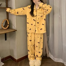 批发实拍~冬季条纹小狗碎花加厚法兰绒开衫睡衣女简约<b class='q'>韩版</b>ins家居服