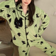 批发实拍~冬季条纹猫咪碎花加厚法兰绒开衫睡衣女简约<b class='q'>韩版</b>ins家居服