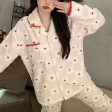 批发实拍~冬季新款樱桃碎花加厚法兰绒开衫睡衣女简约<b class='q'>韩版</b>ins家居服