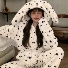 批发实拍~冬季新款星星碎花加厚法兰绒连帽睡衣女简约<b class='q'>韩版</b>ins家居服
