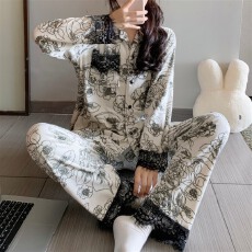 批发实拍~冬季新款海岛绒水墨画花边开衫睡衣女简约韩版ins家居服套装