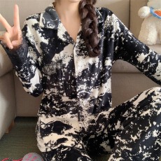 批发实拍~冬季新款海岛绒水墨画花边开衫睡衣女简约韩版ins家居服套<b class='q'>装</b>