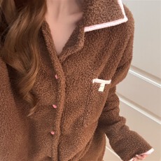 批发<b class='q'>实拍</b>~冬季新款米粒绒纯色花边开衫睡衣女简约韩版ins家居服套<b class='q'>装</b>