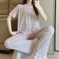 批发实拍~春夏季新款条纹<b class='q'>碎花</b>短袖长<b class='q'>裤</b>睡衣女简约韩版ins家居服套装