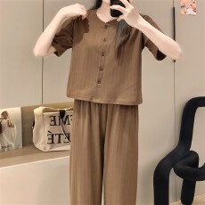 批发实拍~春夏季新款纯色短袖长<b class='q'>裤</b>睡衣女简约韩版ins家居服套装