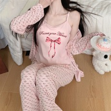 实拍~春季新款莫代尔蝴蝶结碎花吊带开衫长裤韩版ins睡衣三件套