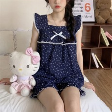 批发实拍~夏季新款蓝色<b class='q'>碎花</b>小飞边睡裙睡衣简约韩版ins可外穿家居服