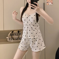批发<b class='q'>实拍</b>~夏季新款坑条棉爱心碎花吊带短<b class='q'>裤</b>睡衣女简约韩版ins家居服