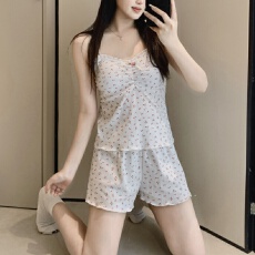 批发实拍~夏季新款坑条樱桃印碎花吊带<b class='q'>短裤</b>睡衣<b class='q'>女</b>简约韩版ins家居服