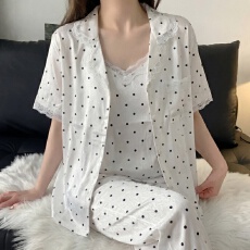 批发实拍~夏季新款冰雪丝波点碎花吊带开衫长裤<b class='q'>短裤</b>韩版ins睡衣四件套