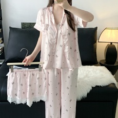 批发实拍~夏季新款冰雪丝蝴蝶碎花吊带开衫长裤短裤韩版ins<b class='q'>睡衣</b>四件套