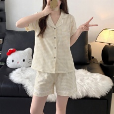批发实拍~夏季新款<b class='q'>格子</b>碎花开<b class='q'>衫</b>双短睡衣女简约韩版ins家居服套装