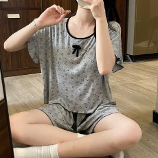 实拍~夏季新款莫代尔小熊碎花短袖短裤睡衣女简约韩版ins家居服